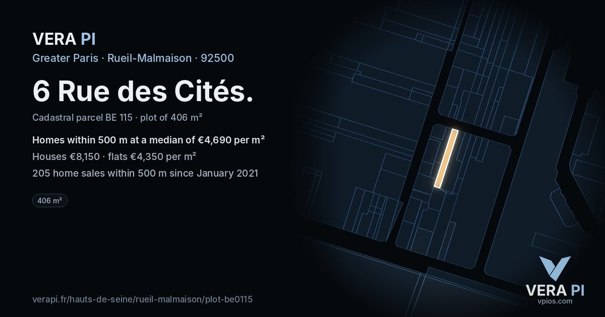 6 Rue des Cités, Rueil-Malmaison at night – the plot lit, the parcels around coloured by the prices near them