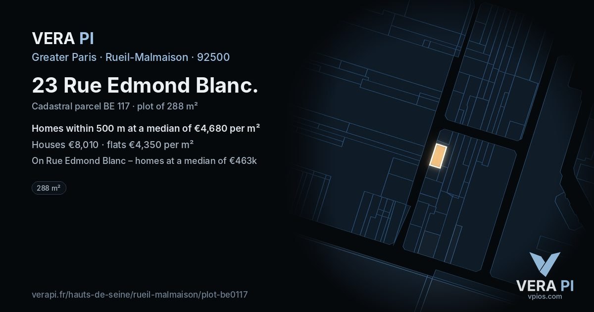 23 Rue Edmond Blanc, Rueil-Malmaison at night – the plot lit, the parcels around coloured by the prices near them