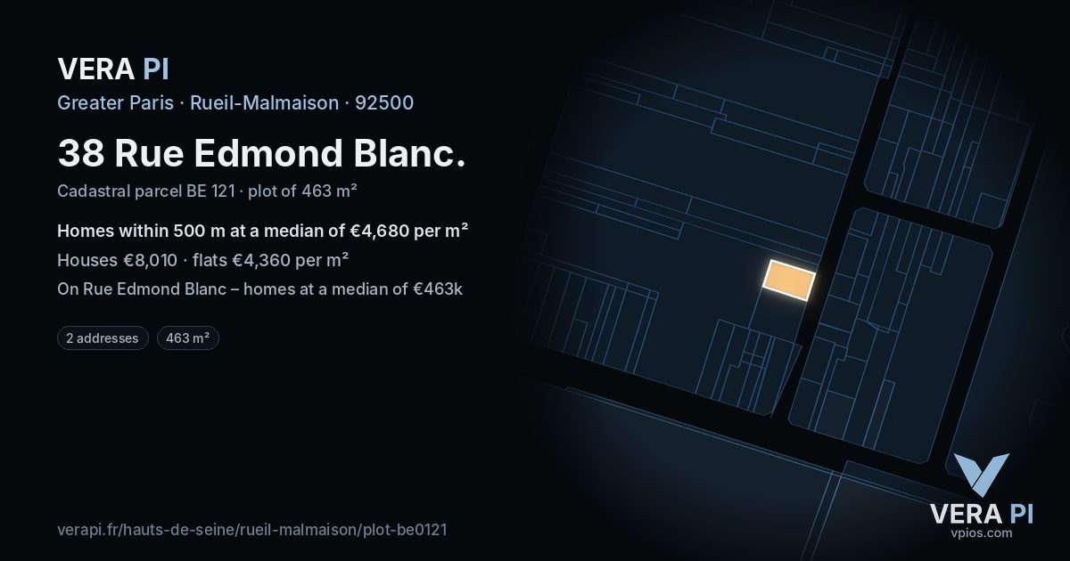 38 Rue Edmond Blanc, Rueil-Malmaison at night – the plot lit, the parcels around coloured by the prices near them