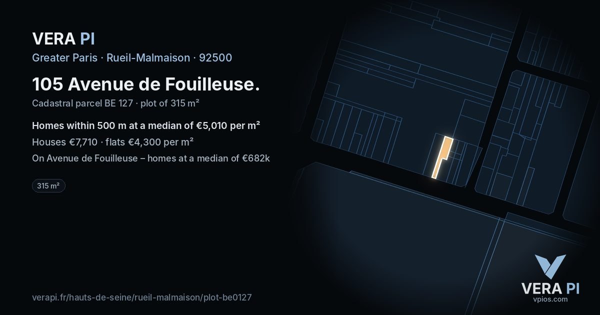 105 Avenue de Fouilleuse, Rueil-Malmaison at night – the plot lit, the parcels around coloured by the prices near them