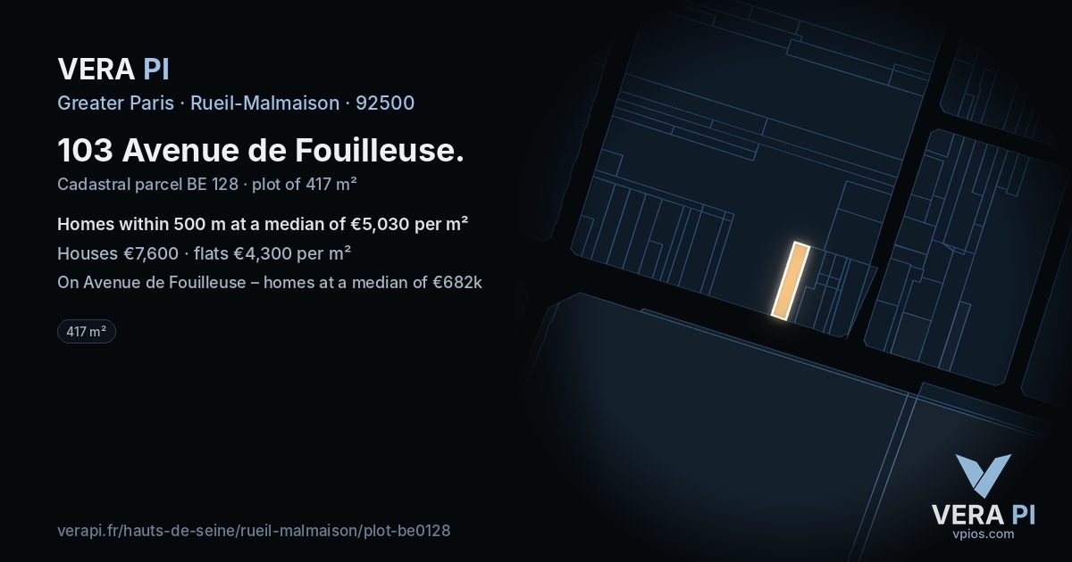 103 Avenue de Fouilleuse, Rueil-Malmaison at night – the plot lit, the parcels around coloured by the prices near them