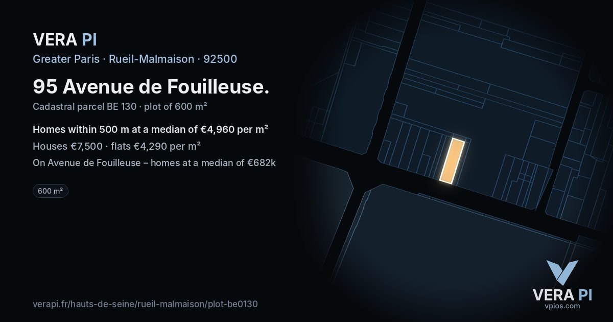 95 Avenue de Fouilleuse, Rueil-Malmaison at night – the plot lit, the parcels around coloured by the prices near them