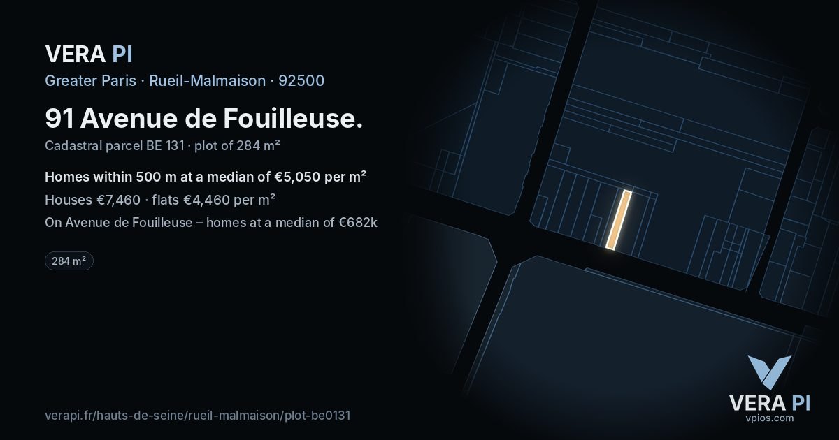 91 Avenue de Fouilleuse, Rueil-Malmaison at night – the plot lit, the parcels around coloured by the prices near them