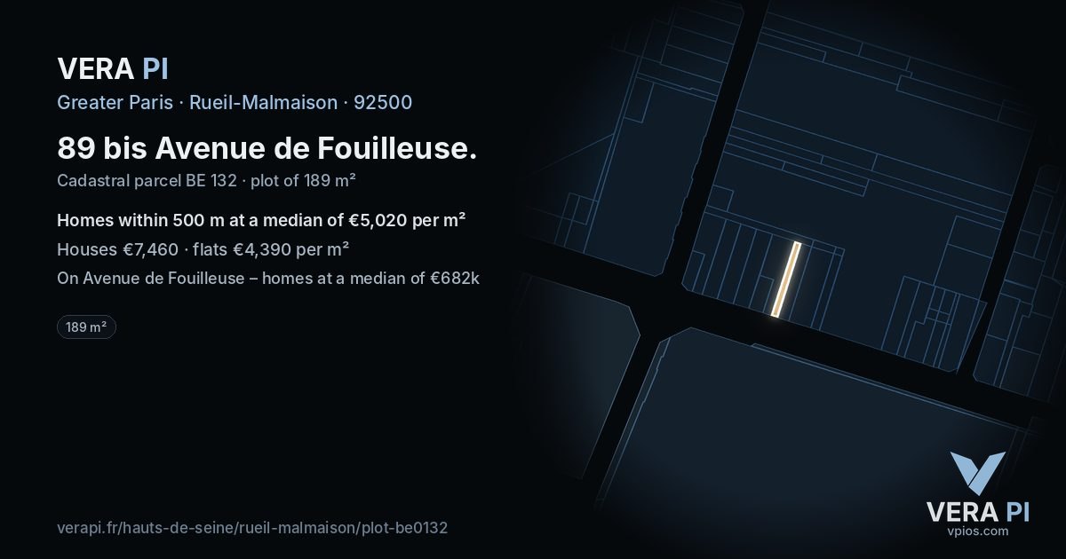 89 bis Avenue de Fouilleuse, Rueil-Malmaison at night – the plot lit, the parcels around coloured by the prices near them