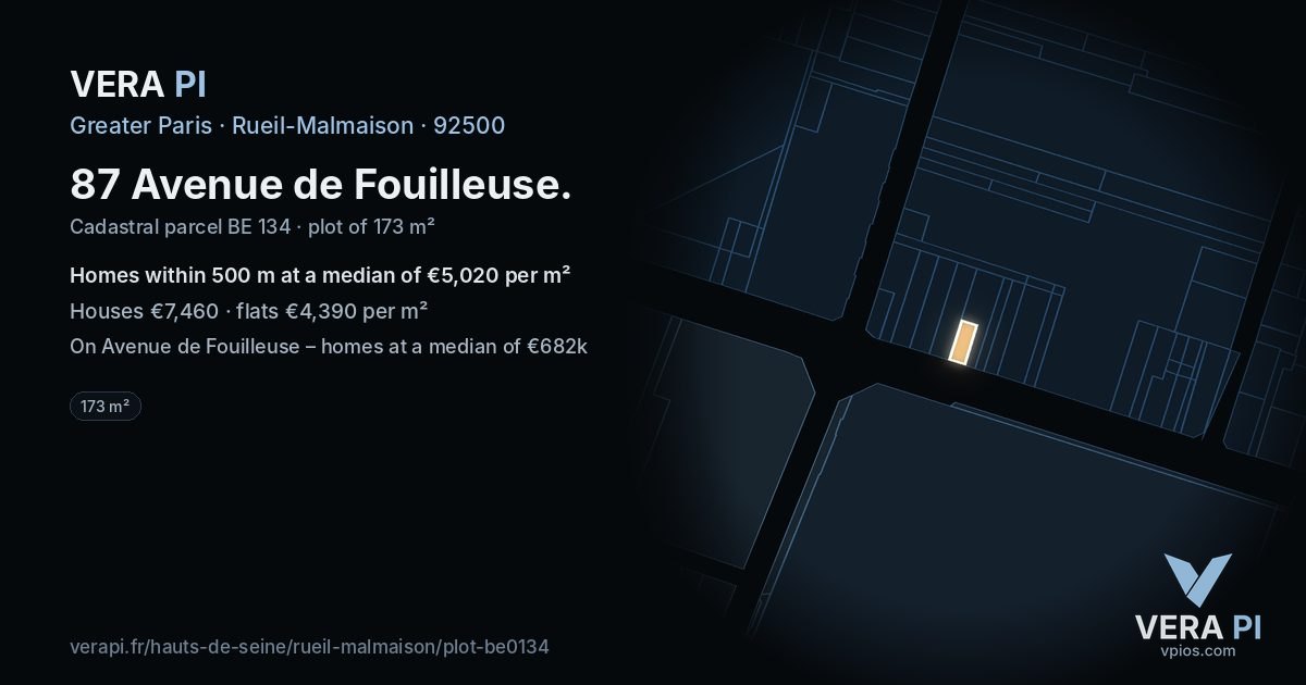 87 Avenue de Fouilleuse, Rueil-Malmaison at night – the plot lit, the parcels around coloured by the prices near them