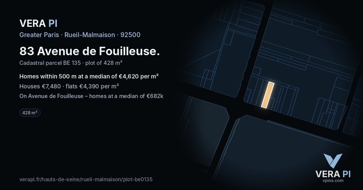 83 Avenue de Fouilleuse, Rueil-Malmaison at night – the plot lit, the parcels around coloured by the prices near them