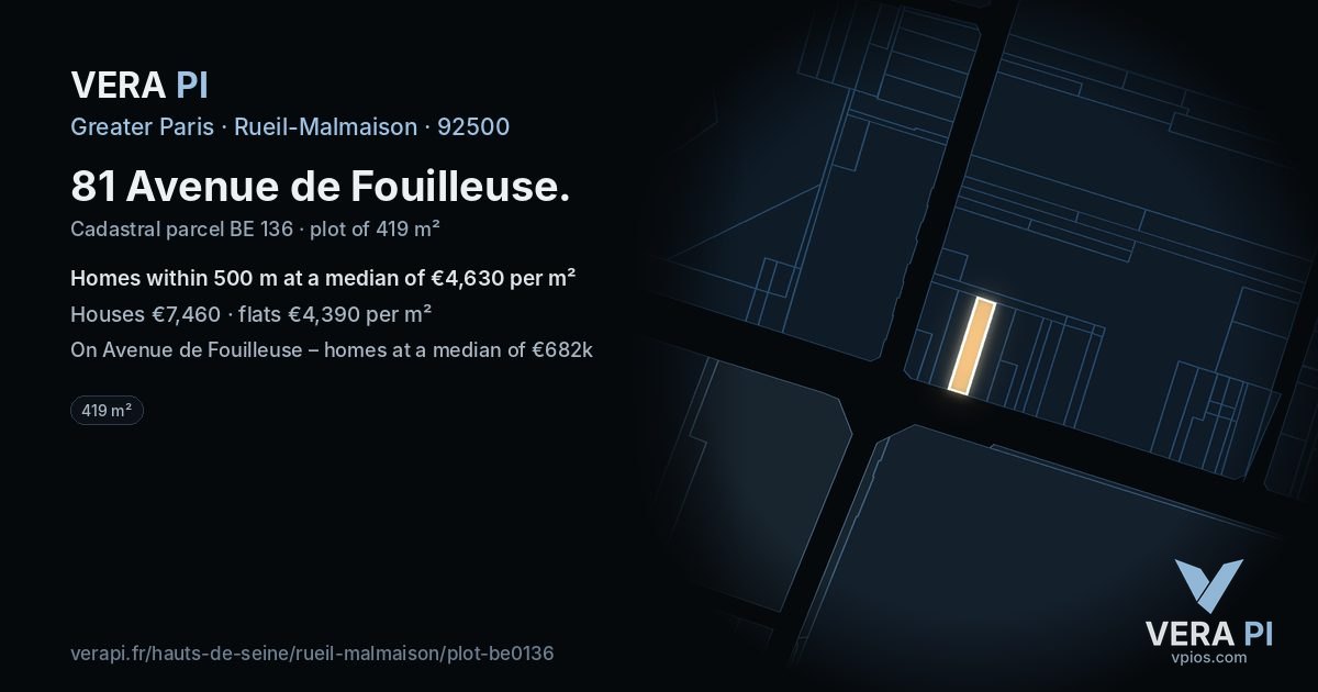 81 Avenue de Fouilleuse, Rueil-Malmaison at night – the plot lit, the parcels around coloured by the prices near them