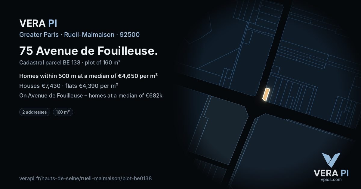 75 Avenue de Fouilleuse, Rueil-Malmaison at night – the plot lit, the parcels around coloured by the prices near them