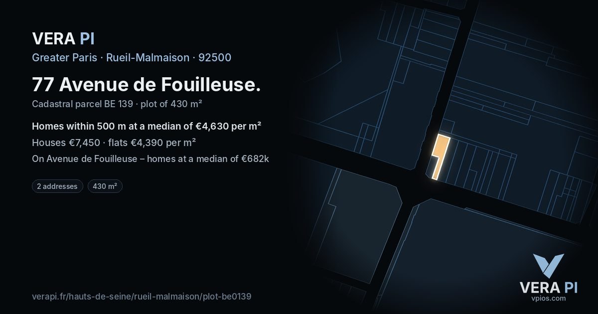 77 Avenue de Fouilleuse, Rueil-Malmaison at night – the plot lit, the parcels around coloured by the prices near them