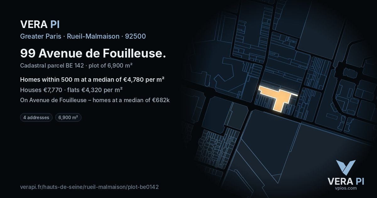 99 Avenue de Fouilleuse, Rueil-Malmaison at night – the plot lit, the parcels around coloured by the prices near them