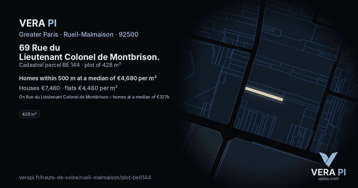 69 Rue du Lieutenant Colonel de Montbrison, Rueil-Malmaison at night – the plot lit, the parcels around coloured by the prices near them