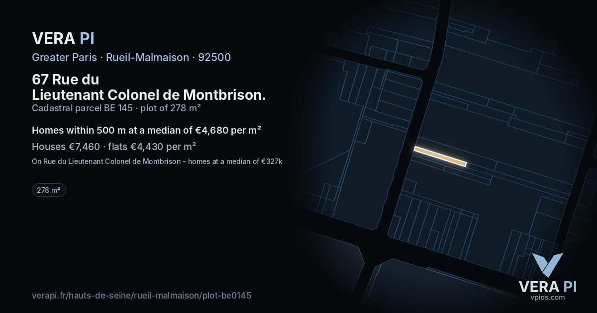 67 Rue du Lieutenant Colonel de Montbrison, Rueil-Malmaison at night – the plot lit, the parcels around coloured by the prices near them