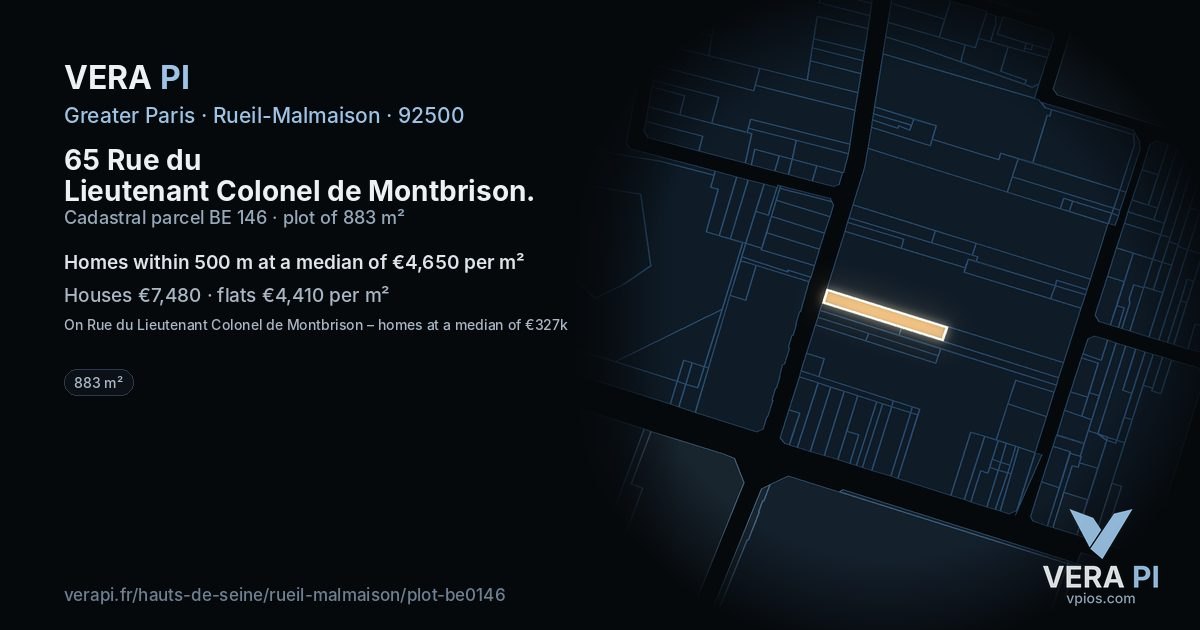 65 Rue du Lieutenant Colonel de Montbrison, Rueil-Malmaison at night – the plot lit, the parcels around coloured by the prices near them