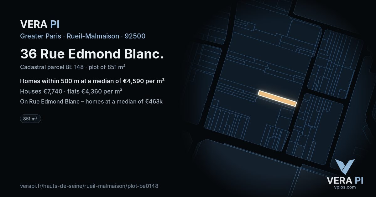 36 Rue Edmond Blanc, Rueil-Malmaison at night – the plot lit, the parcels around coloured by the prices near them