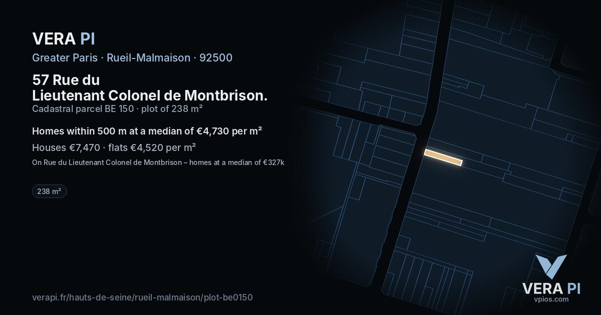 57 Rue du Lieutenant Colonel de Montbrison, Rueil-Malmaison at night – the plot lit, the parcels around coloured by the prices near them