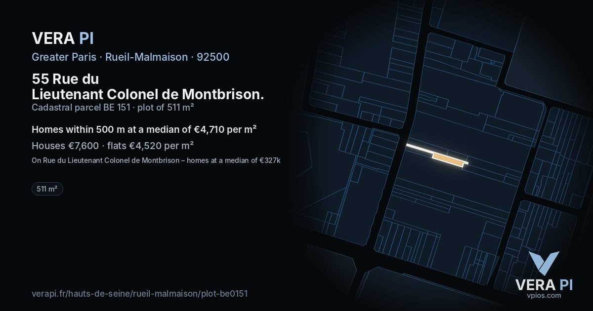 55 Rue du Lieutenant Colonel de Montbrison, Rueil-Malmaison at night – the plot lit, the parcels around coloured by the prices near them