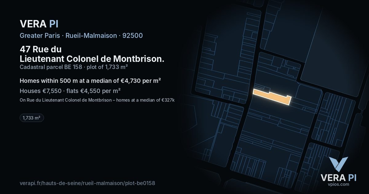 47 Rue du Lieutenant Colonel de Montbrison, Rueil-Malmaison at night – the plot lit, the parcels around coloured by the prices near them