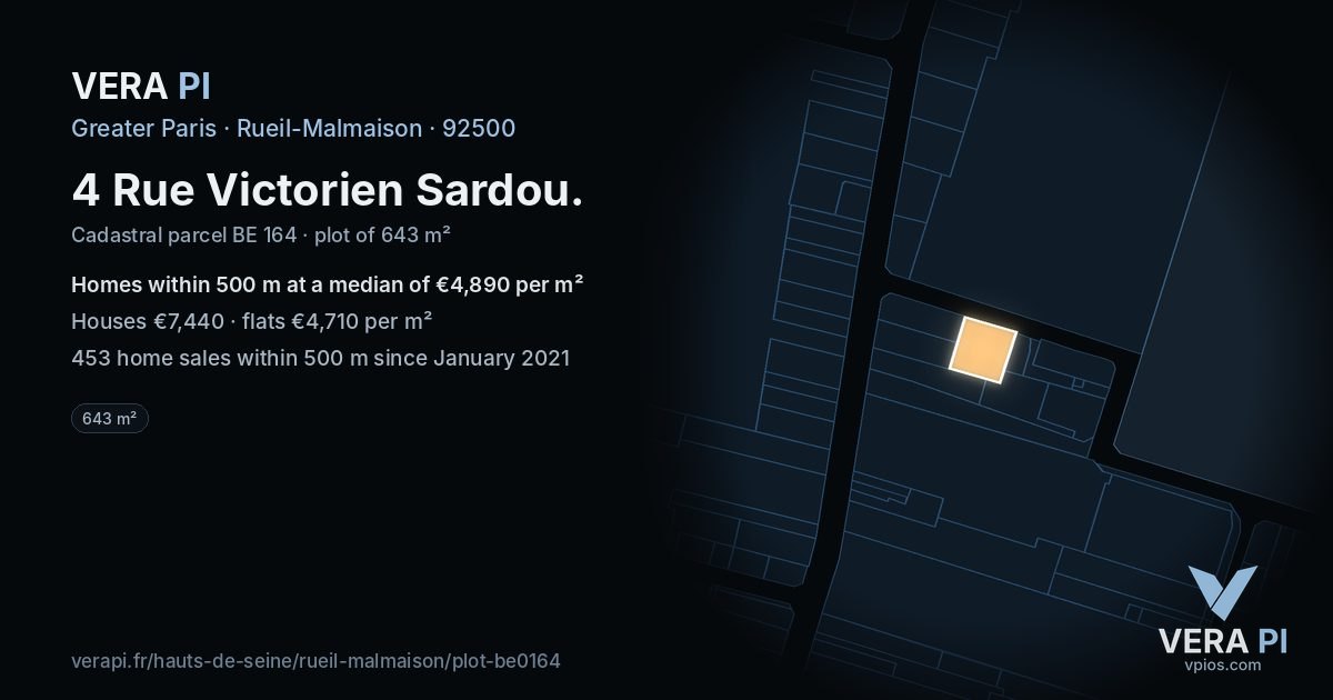 4 Rue Victorien Sardou, Rueil-Malmaison at night – the plot lit, the parcels around coloured by the prices near them