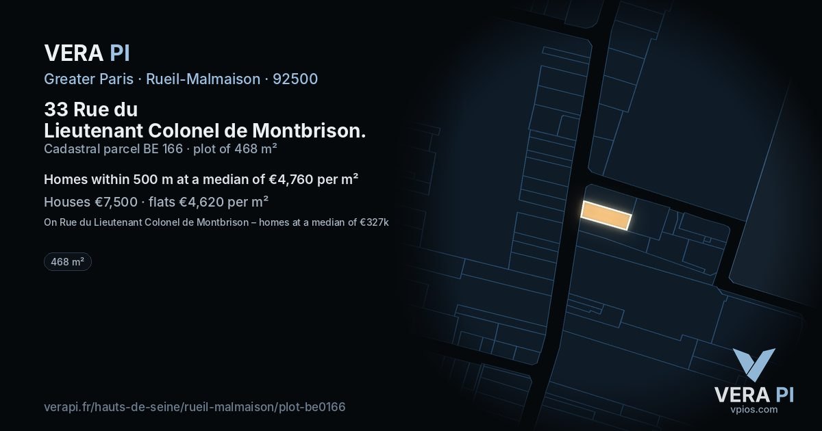 33 Rue du Lieutenant Colonel de Montbrison, Rueil-Malmaison at night – the plot lit, the parcels around coloured by the prices near them