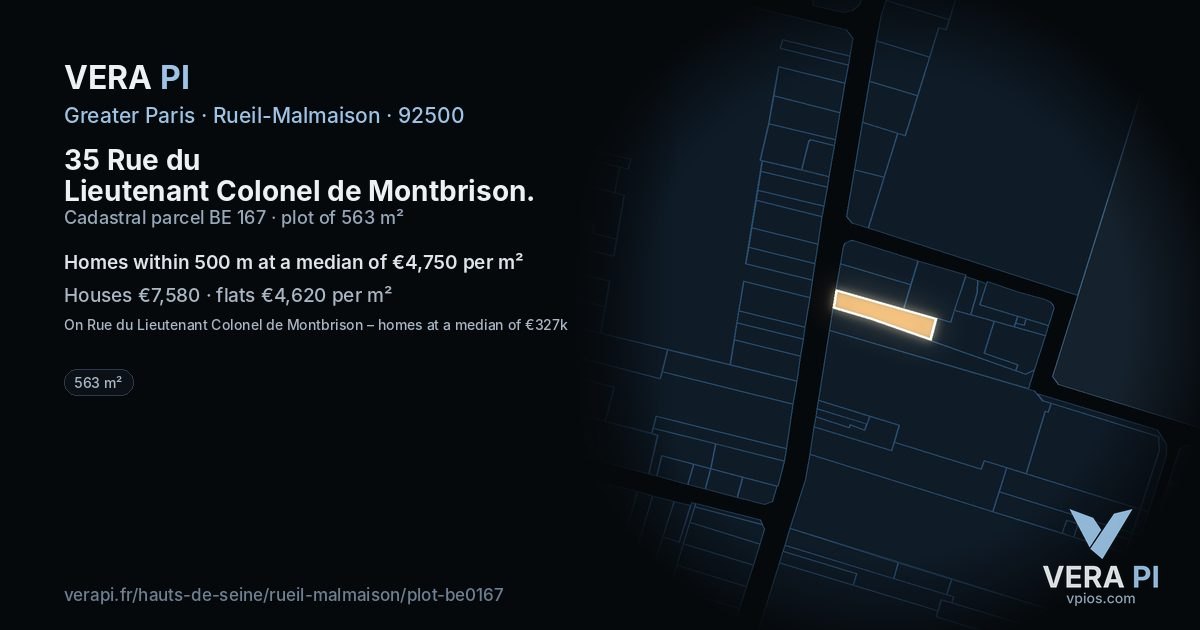 35 Rue du Lieutenant Colonel de Montbrison, Rueil-Malmaison at night – the plot lit, the parcels around coloured by the prices near them