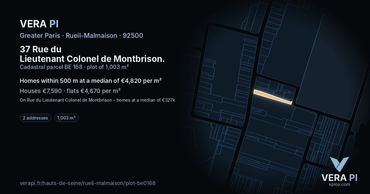 37 Rue du Lieutenant Colonel de Montbrison, Rueil-Malmaison at night – the plot lit, the parcels around coloured by the prices near them
