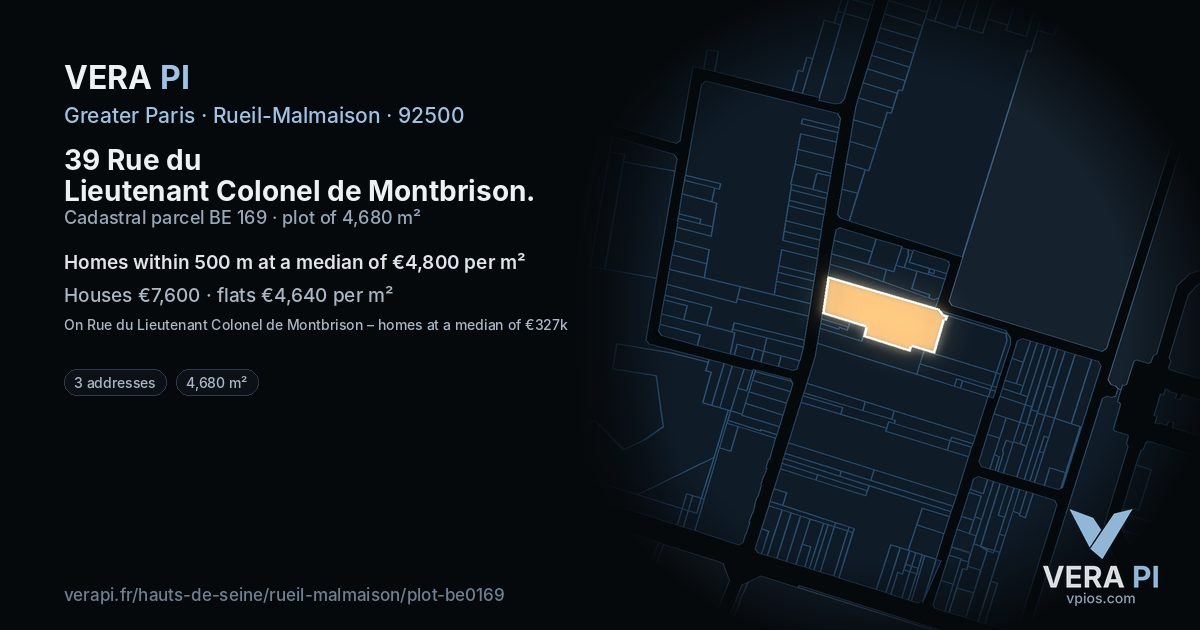 39 Rue du Lieutenant Colonel de Montbrison, Rueil-Malmaison at night – the plot lit, the parcels around coloured by the prices near them