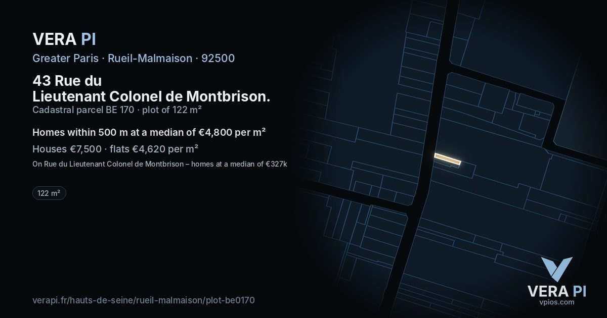 43 Rue du Lieutenant Colonel de Montbrison, Rueil-Malmaison at night – the plot lit, the parcels around coloured by the prices near them
