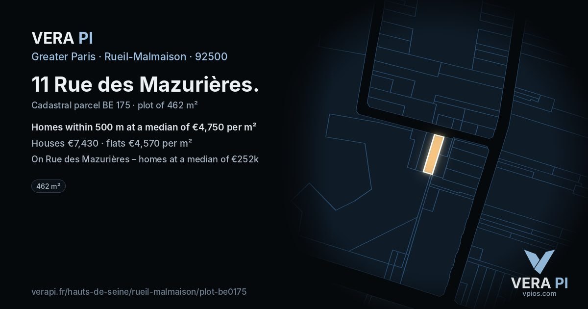 11 Rue des Mazurières, Rueil-Malmaison at night – the plot lit, the parcels around coloured by the prices near them