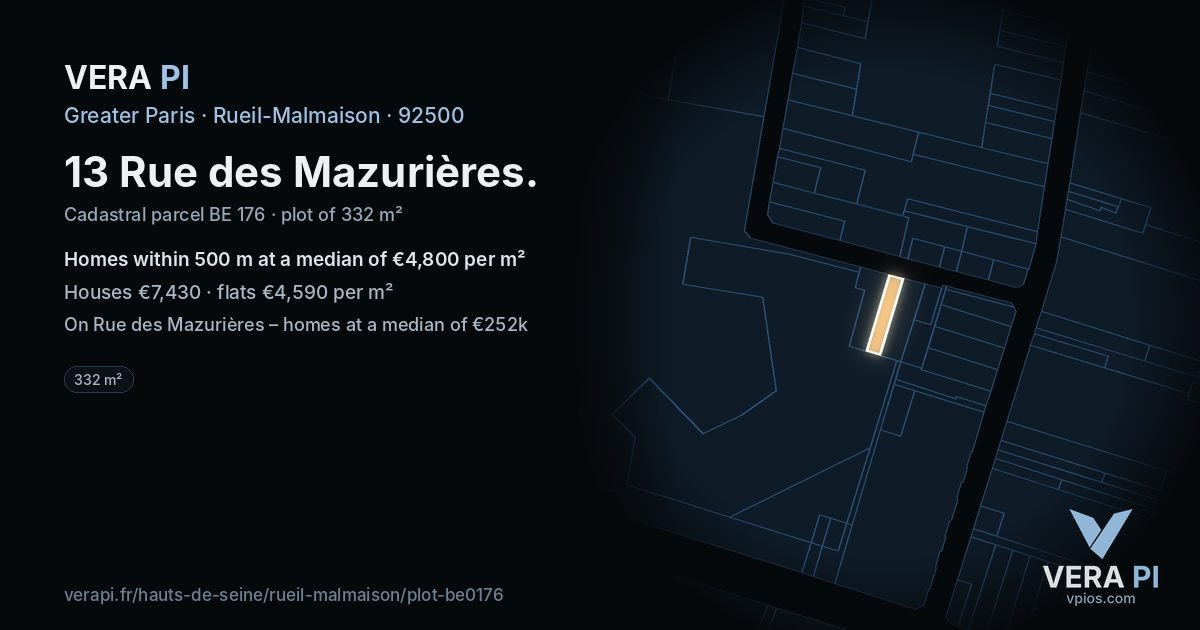 13 Rue des Mazurières, Rueil-Malmaison at night – the plot lit, the parcels around coloured by the prices near them
