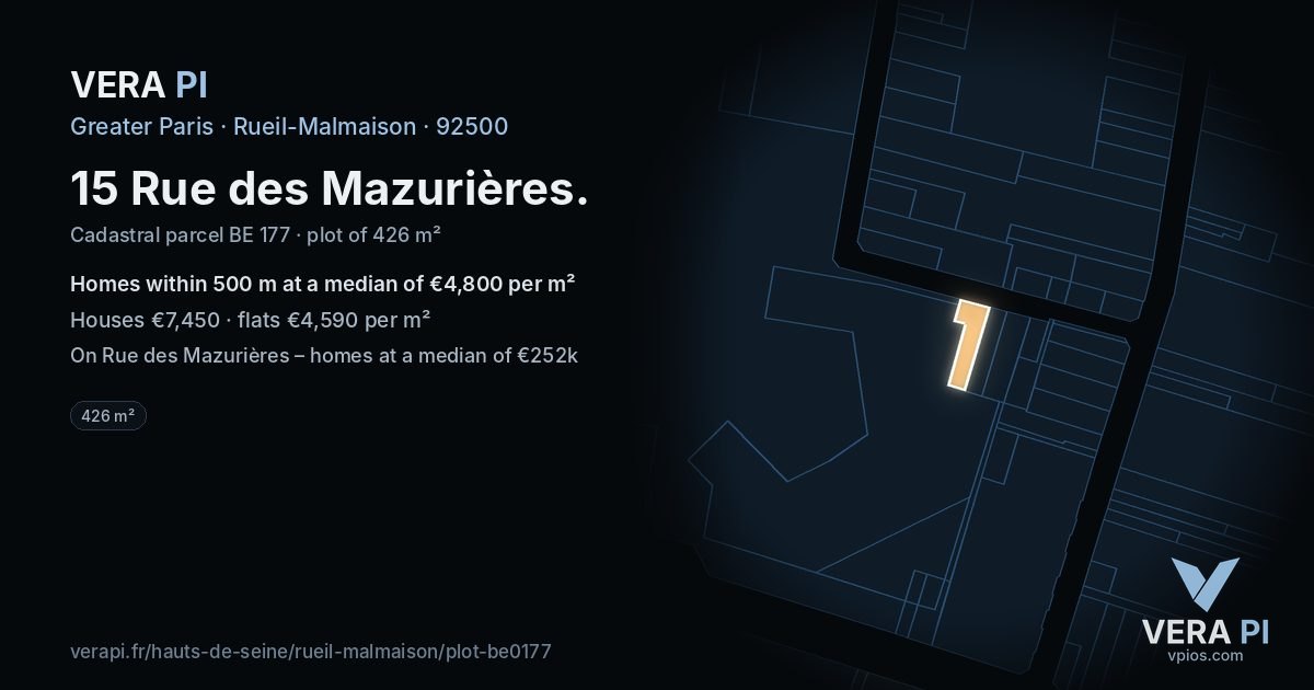15 Rue des Mazurières, Rueil-Malmaison at night – the plot lit, the parcels around coloured by the prices near them