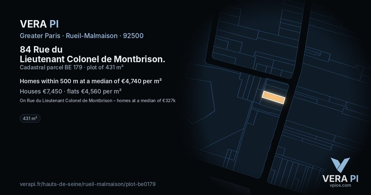 84 Rue du Lieutenant Colonel de Montbrison, Rueil-Malmaison at night – the plot lit, the parcels around coloured by the prices near them