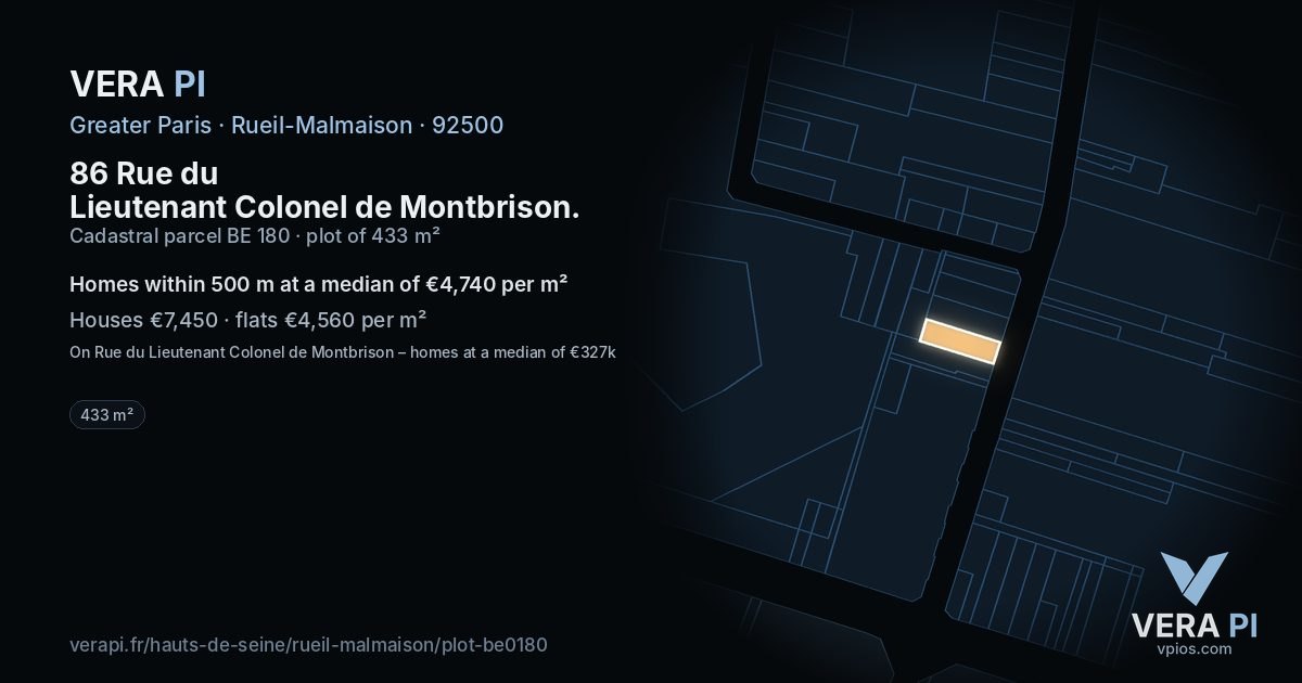 86 Rue du Lieutenant Colonel de Montbrison, Rueil-Malmaison at night – the plot lit, the parcels around coloured by the prices near them