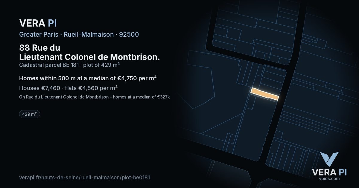88 Rue du Lieutenant Colonel de Montbrison, Rueil-Malmaison at night – the plot lit, the parcels around coloured by the prices near them