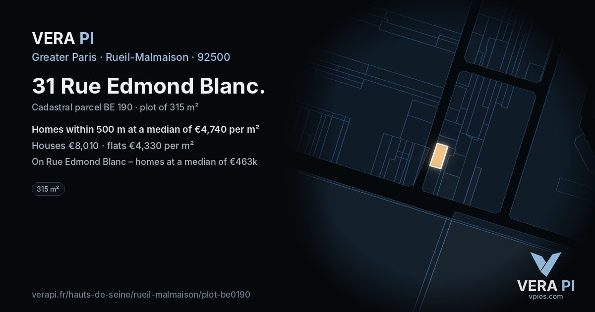 31 Rue Edmond Blanc, Rueil-Malmaison at night – the plot lit, the parcels around coloured by the prices near them