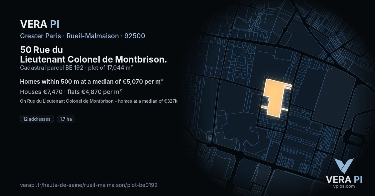 50 Rue du Lieutenant Colonel de Montbrison, Rueil-Malmaison at night – the plot lit, the parcels around coloured by the prices near them