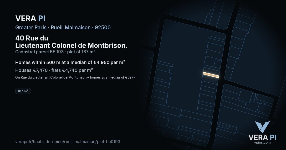 40 Rue du Lieutenant Colonel de Montbrison, Rueil-Malmaison at night – the plot lit, the parcels around coloured by the prices near them