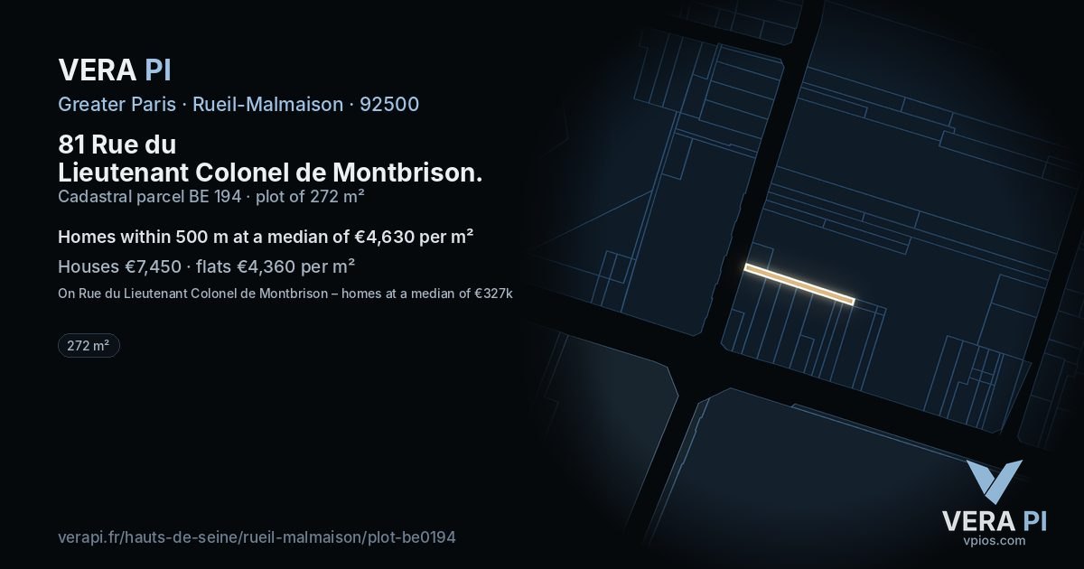 81 Rue du Lieutenant Colonel de Montbrison, Rueil-Malmaison at night – the plot lit, the parcels around coloured by the prices near them