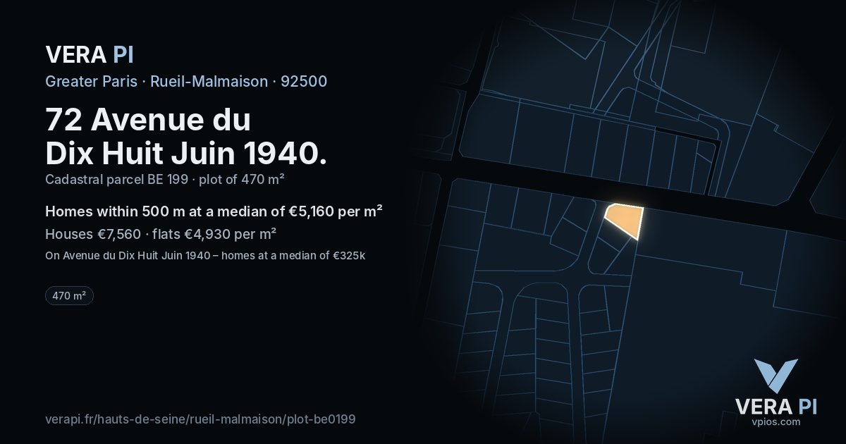 72 Avenue du Dix Huit Juin 1940, Rueil-Malmaison at night – the plot lit, the parcels around coloured by the prices near them