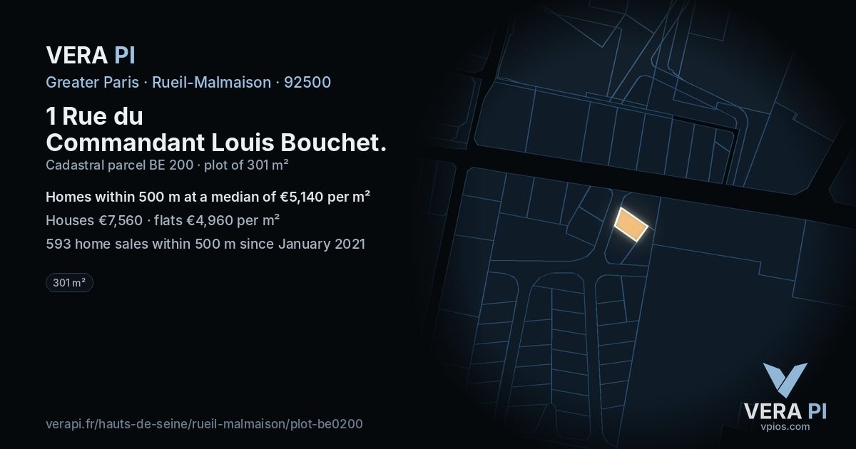 1 Rue du Commandant Louis Bouchet, Rueil-Malmaison at night – the plot lit, the parcels around coloured by the prices near them