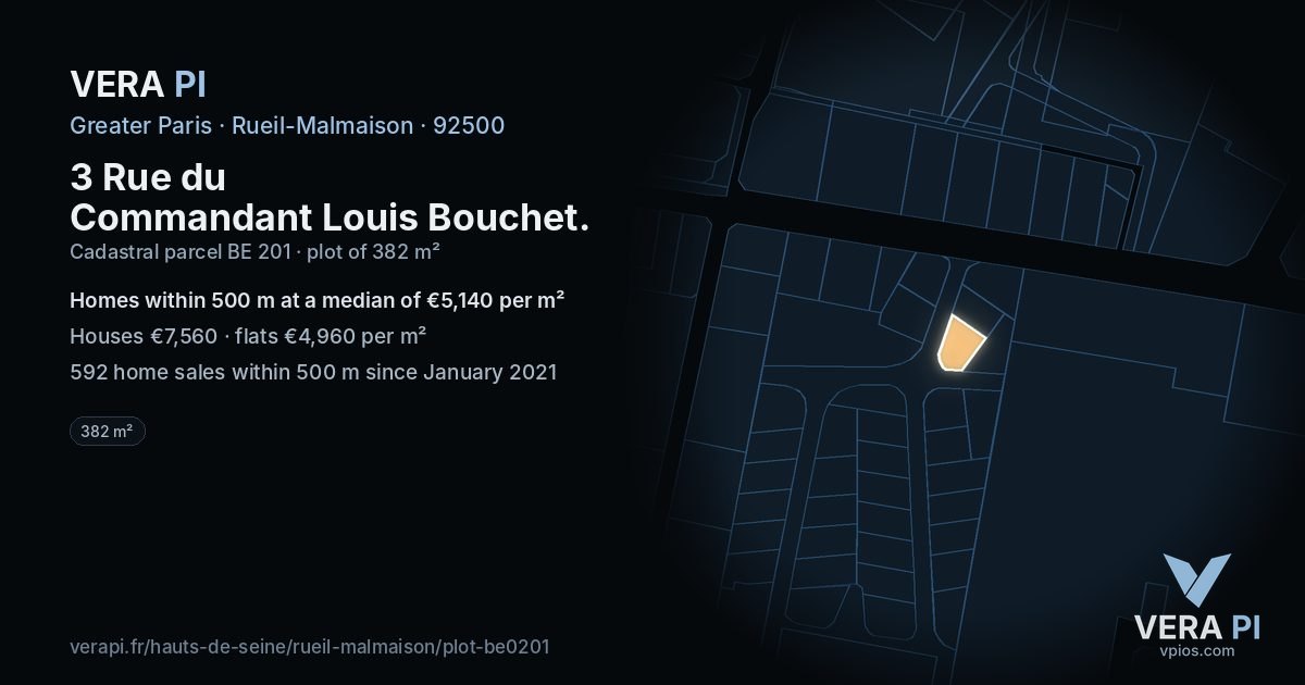 3 Rue du Commandant Louis Bouchet, Rueil-Malmaison at night – the plot lit, the parcels around coloured by the prices near them