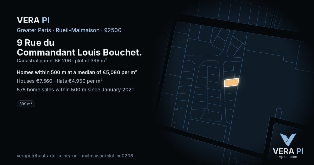9 Rue du Commandant Louis Bouchet, Rueil-Malmaison at night – the plot lit, the parcels around coloured by the prices near them