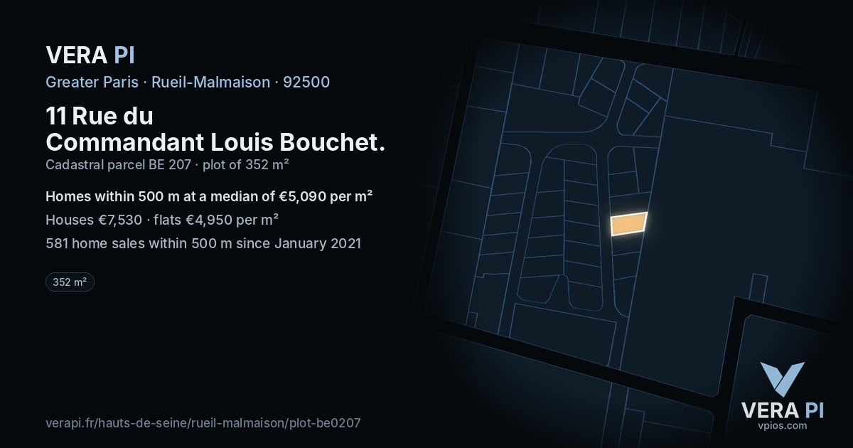 11 Rue du Commandant Louis Bouchet, Rueil-Malmaison at night – the plot lit, the parcels around coloured by the prices near them