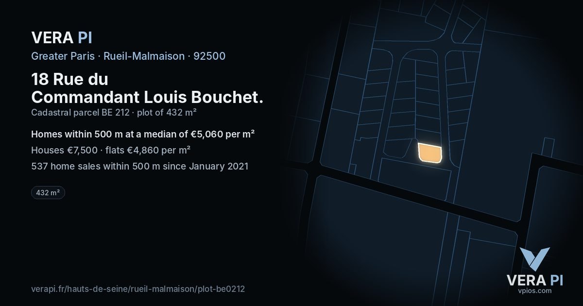 18 Rue du Commandant Louis Bouchet, Rueil-Malmaison at night – the plot lit, the parcels around coloured by the prices near them