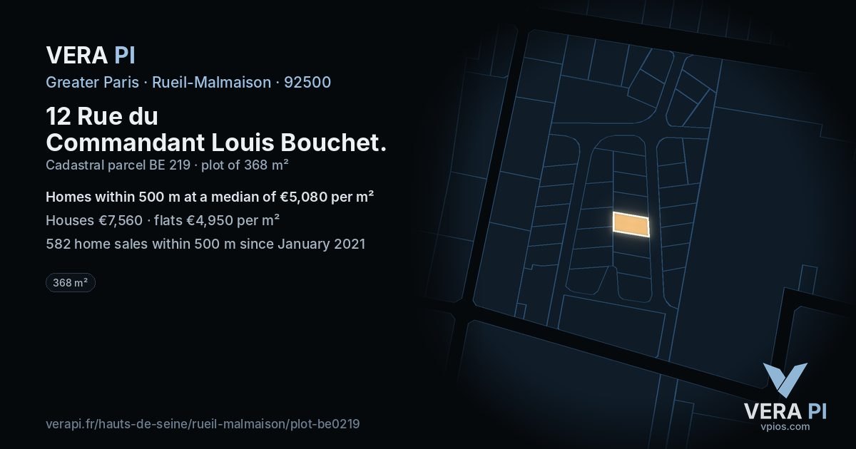 12 Rue du Commandant Louis Bouchet, Rueil-Malmaison at night – the plot lit, the parcels around coloured by the prices near them