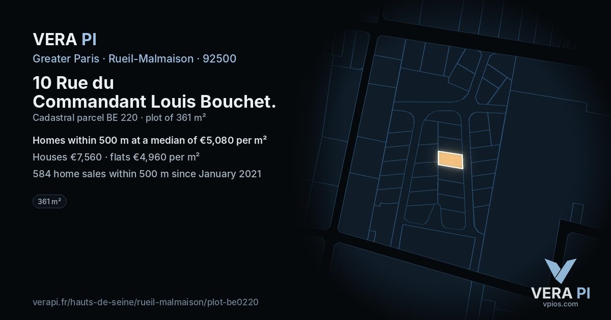 10 Rue du Commandant Louis Bouchet, Rueil-Malmaison at night – the plot lit, the parcels around coloured by the prices near them