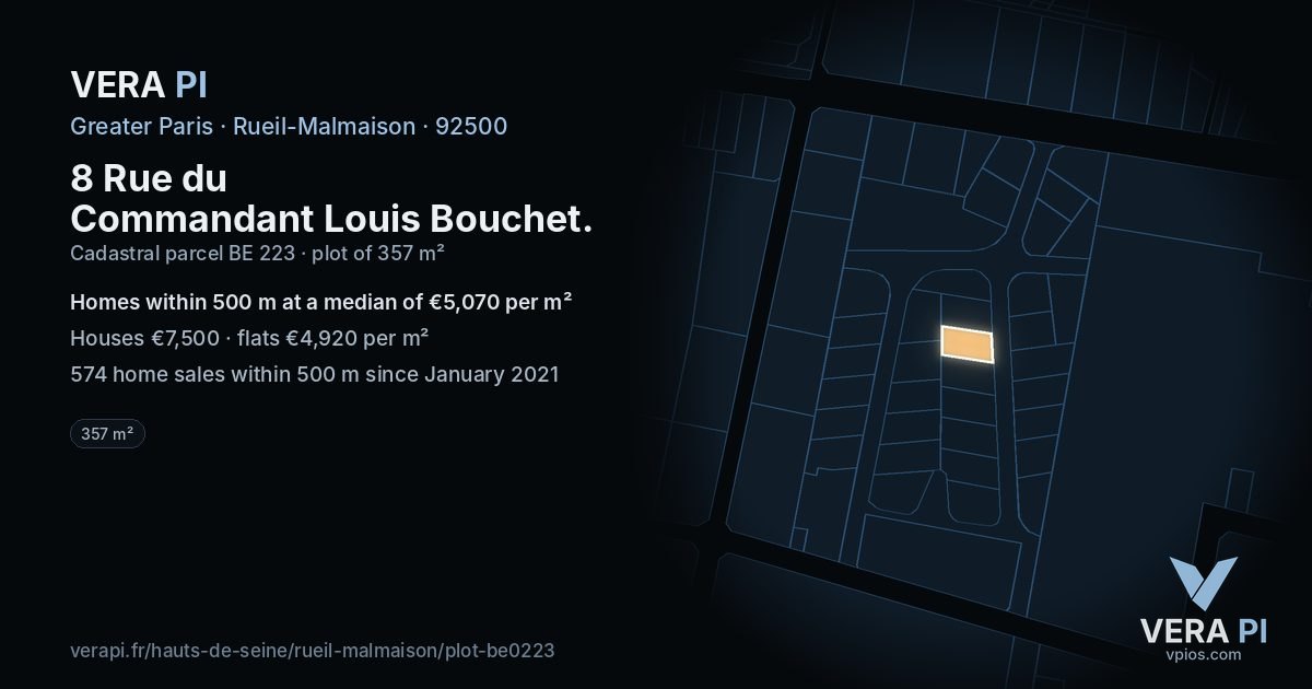 8 Rue du Commandant Louis Bouchet, Rueil-Malmaison at night – the plot lit, the parcels around coloured by the prices near them