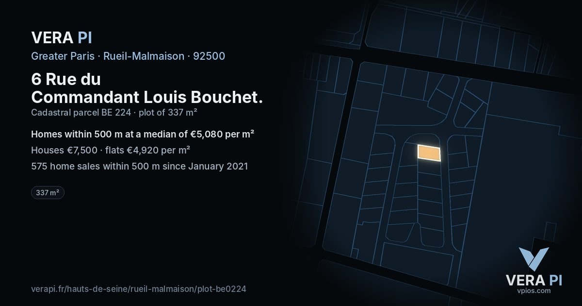 6 Rue du Commandant Louis Bouchet, Rueil-Malmaison at night – the plot lit, the parcels around coloured by the prices near them