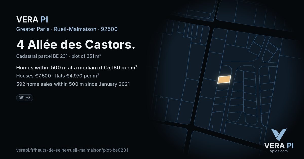 4 Allée des Castors, Rueil-Malmaison at night – the plot lit, the parcels around coloured by the prices near them