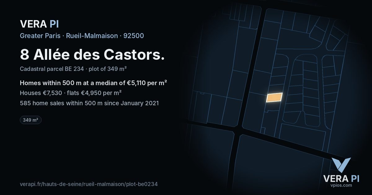 8 Allée des Castors, Rueil-Malmaison at night – the plot lit, the parcels around coloured by the prices near them