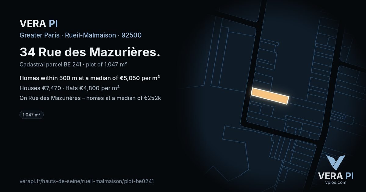 34 Rue des Mazurières, Rueil-Malmaison at night – the plot lit, the parcels around coloured by the prices near them